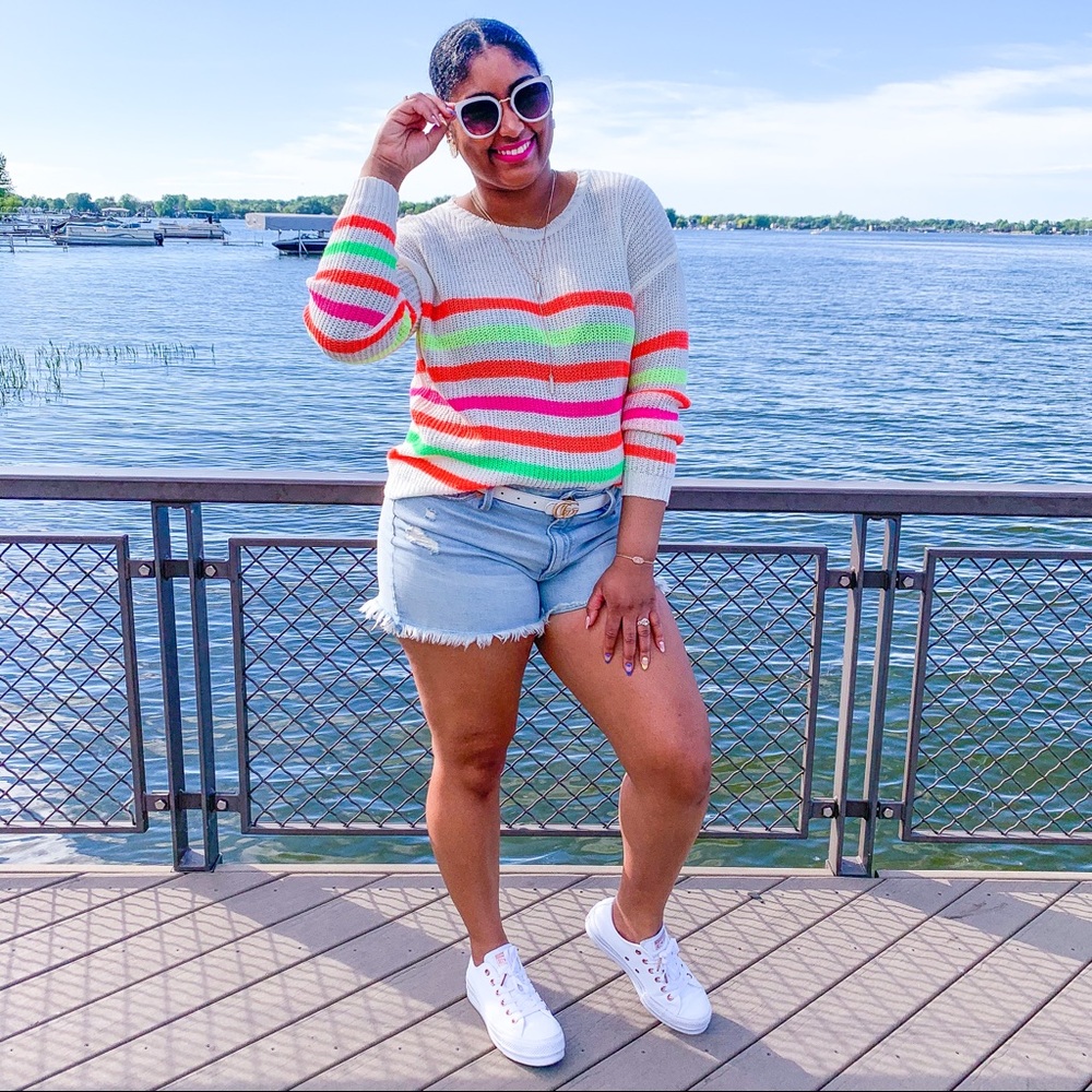 Pink Lily! Neon, Lightweight Sweater! Great for Spring & Summer! Stripes! MED/LG
